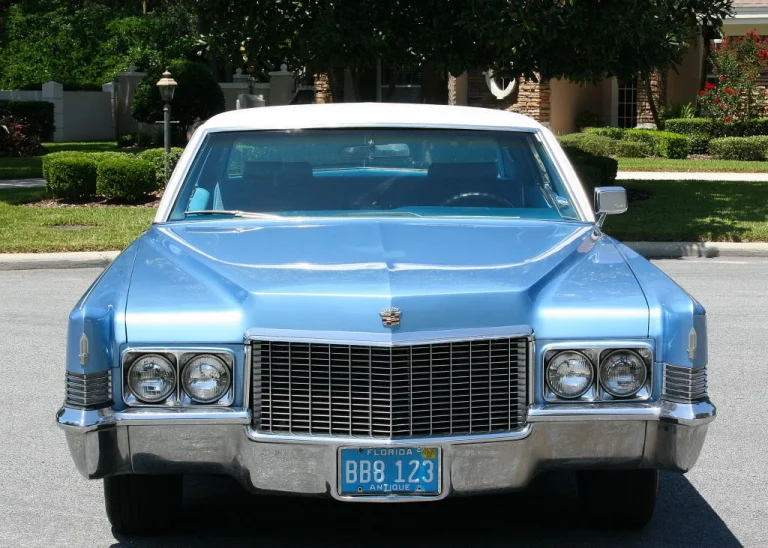 Front view of a light blue 1970 Cadillac Coupe de Ville