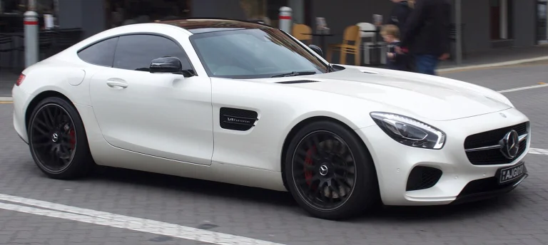 White Mercedes-AMG GT S coupe, front three-quarter view
