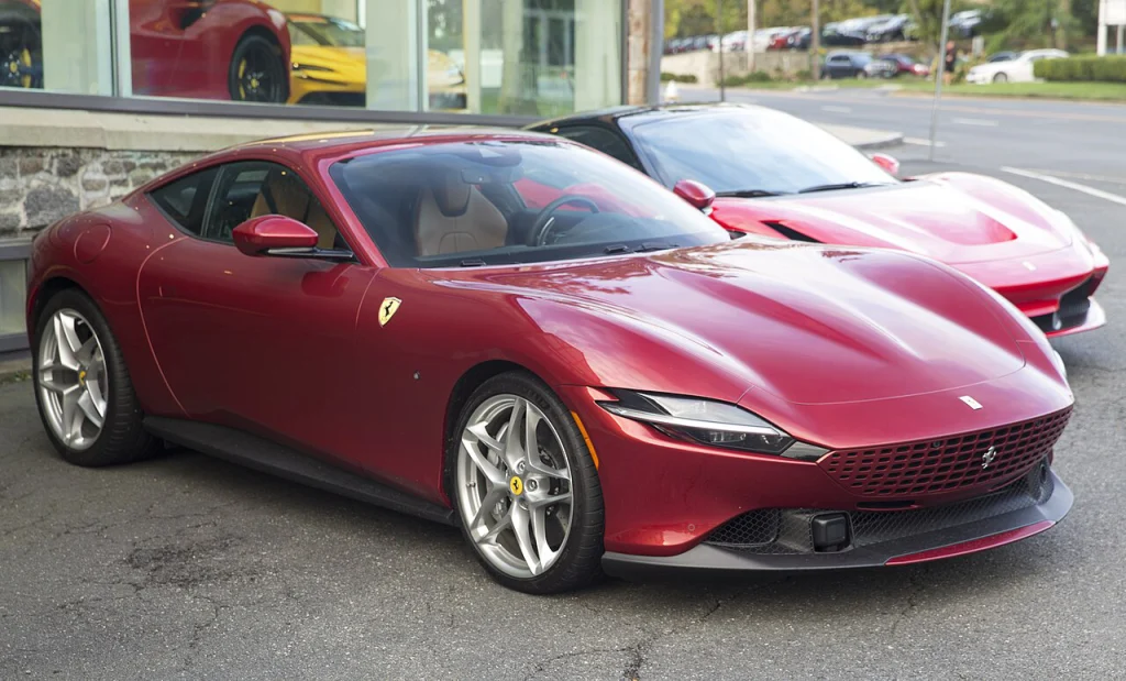 Red Ferrari Roma coupe, front three-quarter view