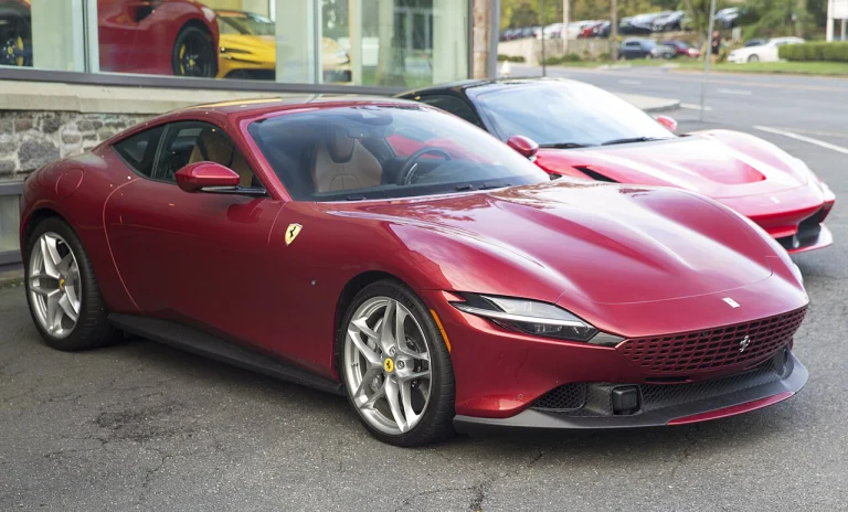 Red Ferrari Roma coupe, front three-quarter view