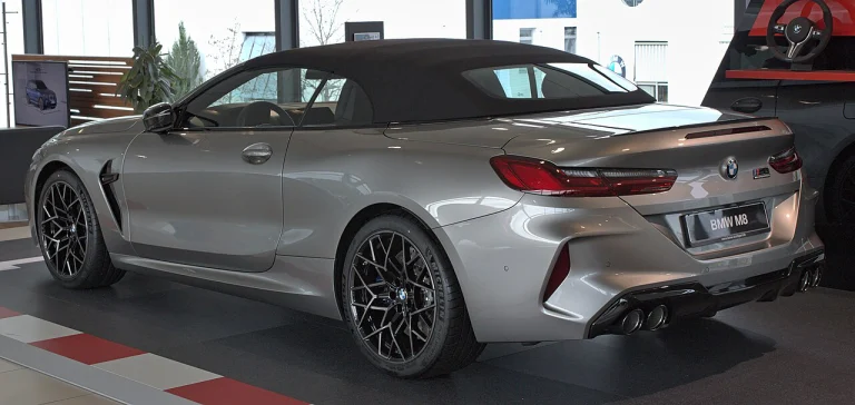 Rear three-quarter view of a gray BMW M8 convertible