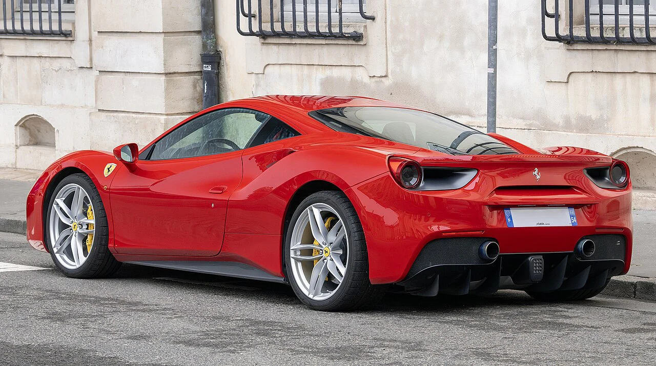 Rear three-quarter view of a red Ferrari 488 GTB