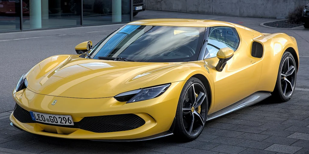 Yellow Ferrari 296 GTB, front three-quarter view