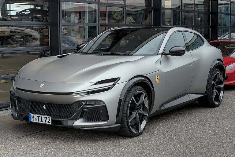 Silver Ferrari Purosangue, front three-quarter view