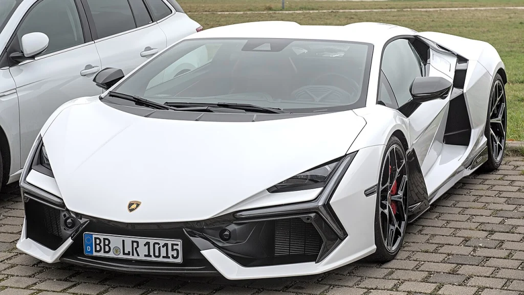 White Lamborghini Revuelto, front three-quarter view