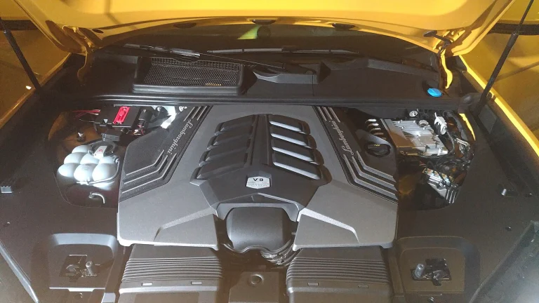 Lamborghini Urus engine bay with the hood open