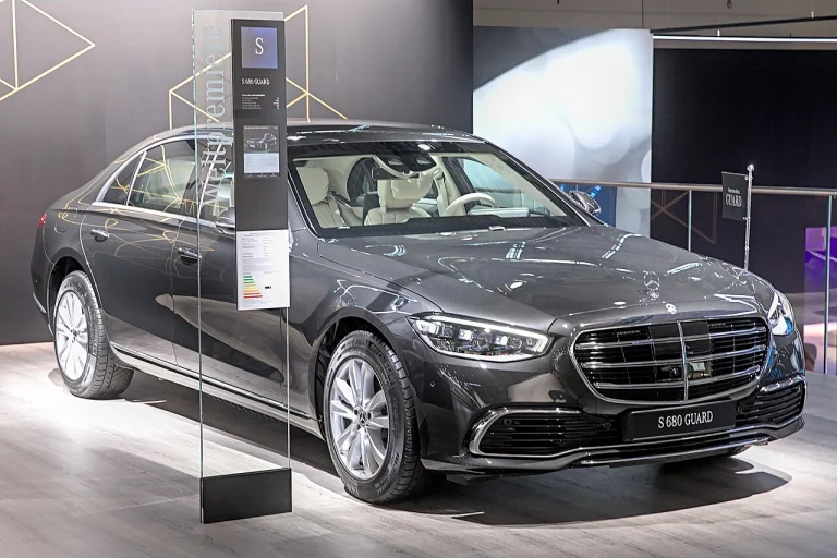 Mercedes-Benz S 680 Guard sedan displayed indoors