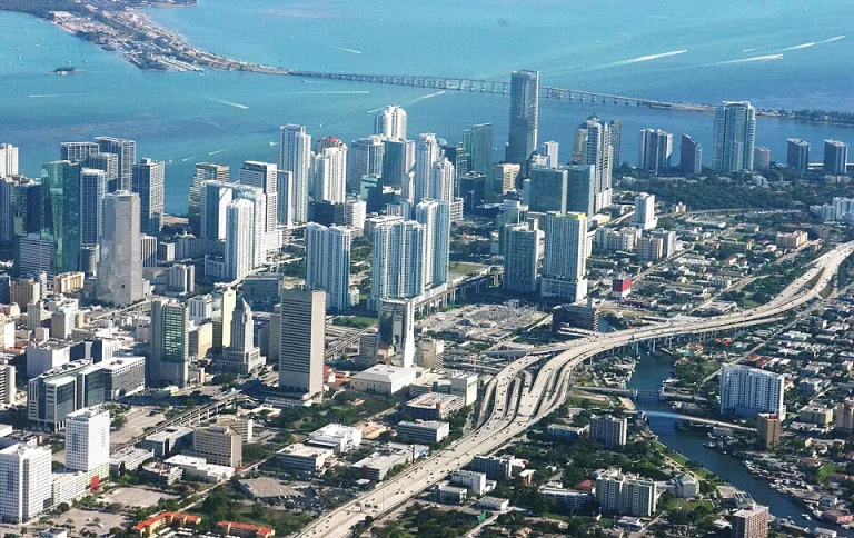 Aerial view of the Miami skyline, highways and Biscayne Bay