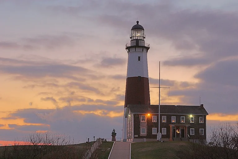 Montauk Point Lighthouse against a sunset sky
